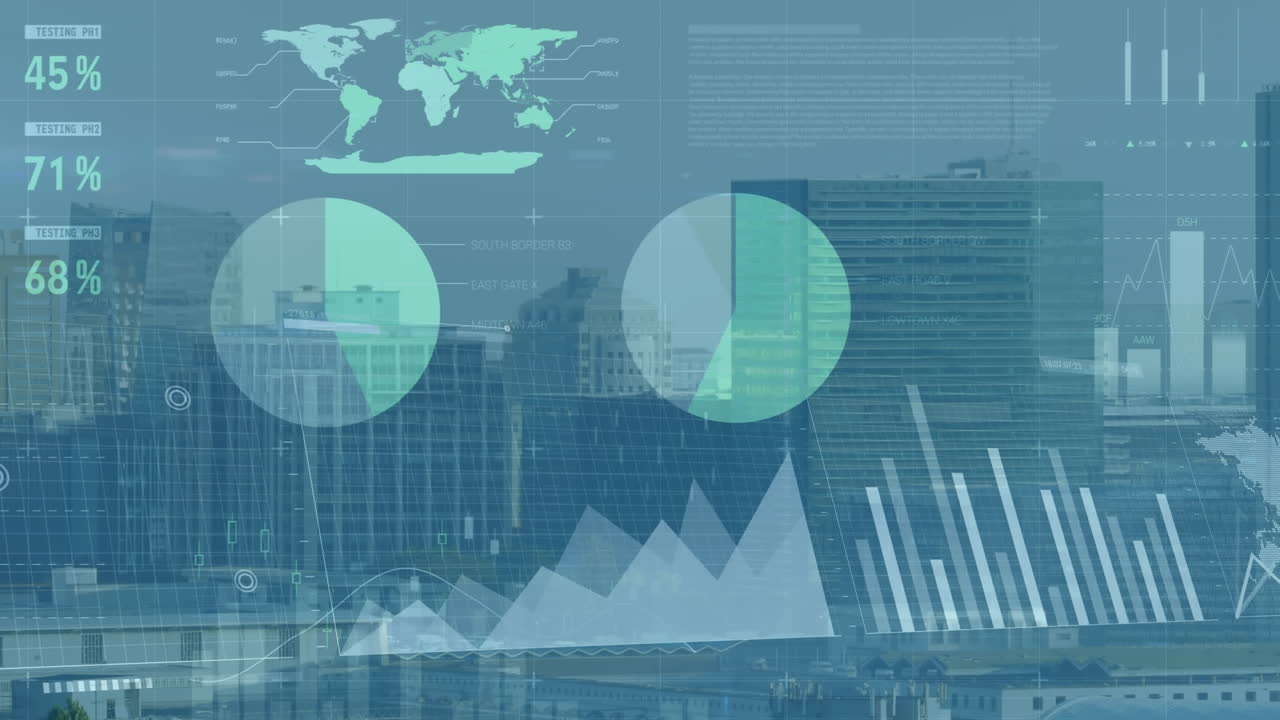 Animation of infographic interface over modern cityscape against sky