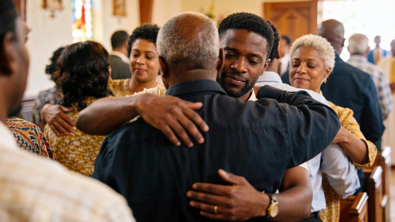 Greeting line starting middle-aged man hugging senior male in church showing watch and wedding ring