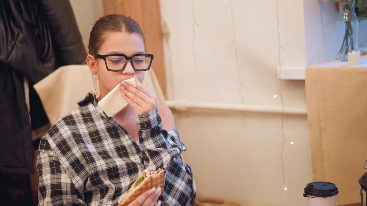 Primo piano di una giovane donna con occhiali e camicia a quadri, che mangia un panino mentre tiene un tovagliolo, in un ambiente interno casual con illuminazione soffusa, lucine decorative sulla parete e una tazza di caffè nelle vicinanze.