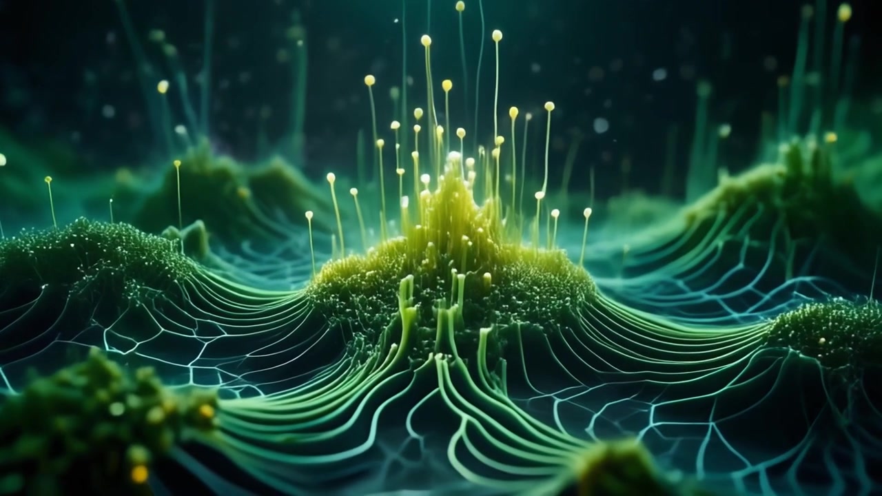 Abstract Digital Landscape with Glowing Bioluminescent Structures