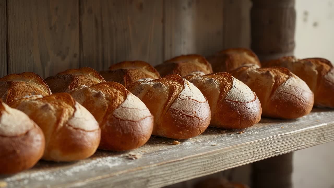 Camera scanning golden loaves on wooden shelves at bakery, with flour residue highlighting crust