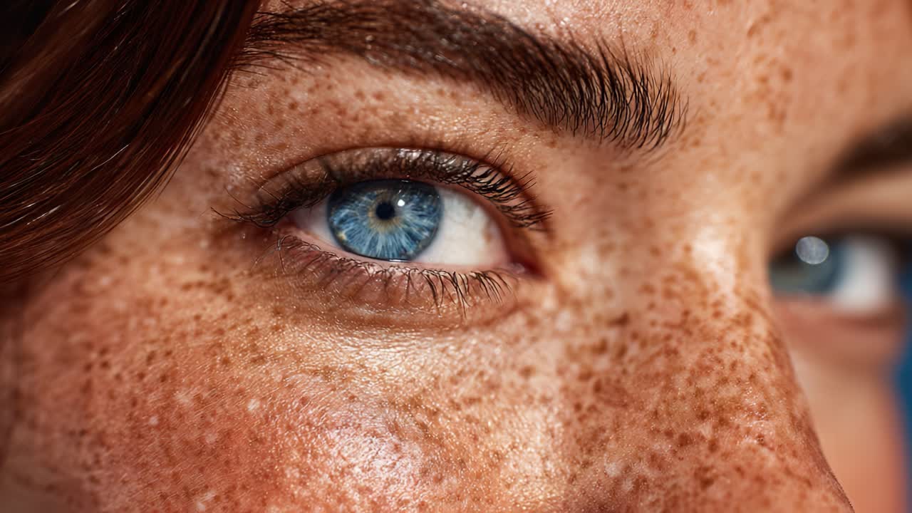 A Close-Up Exploration of an Eye: The Stunning Detail of Freckles and Vibrant Blue Irises in Natural Light