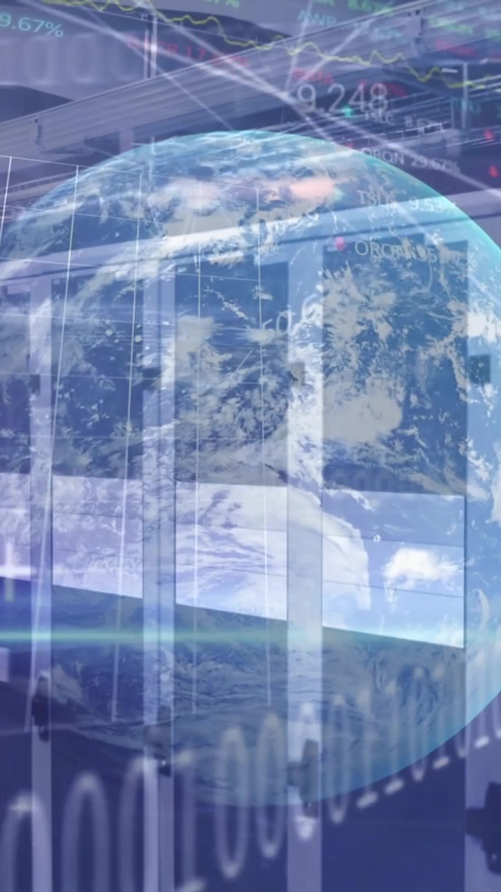 Animation of globe and data processing over computer servers