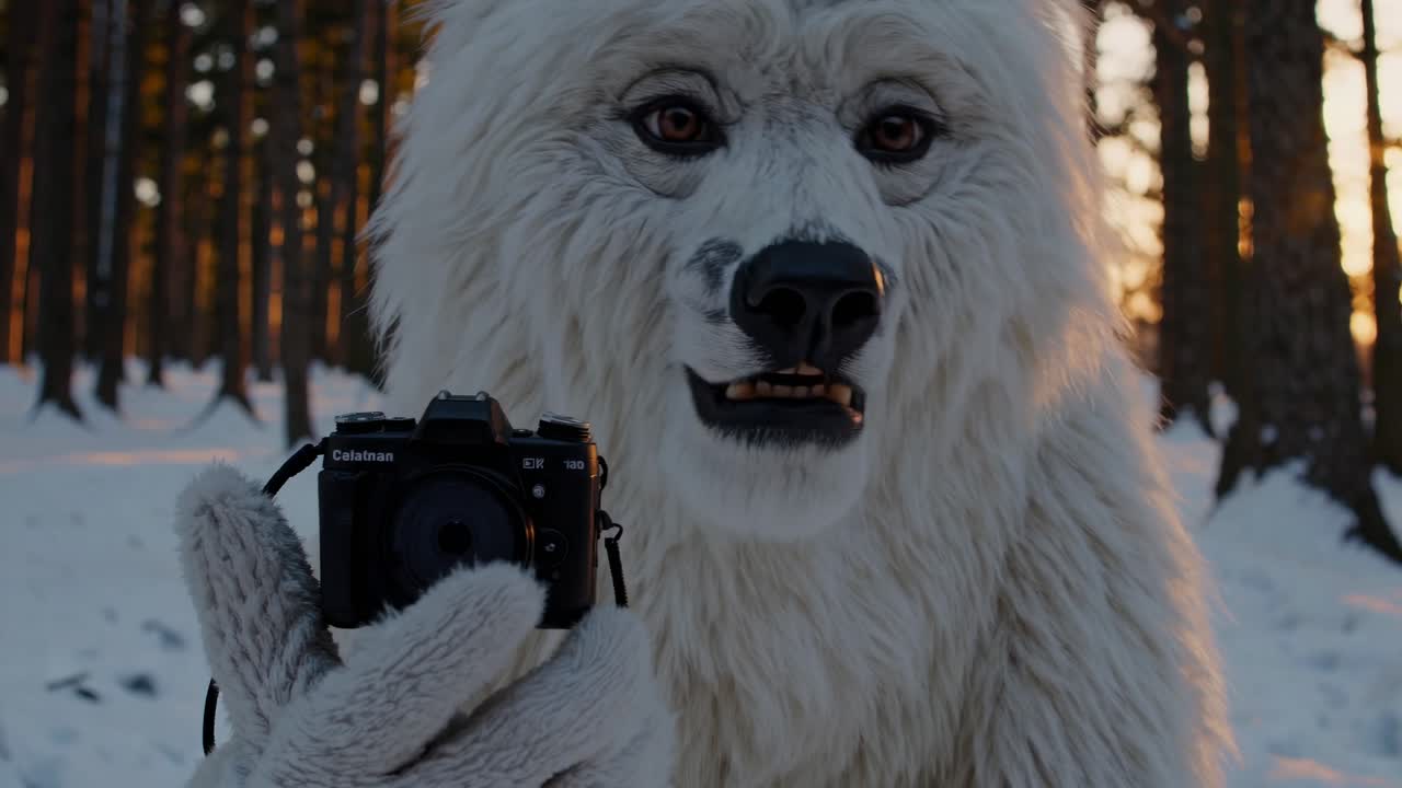 White Wolf Taking Photo in Winter Forest