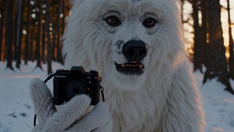 white wolf taking photo in winter forest