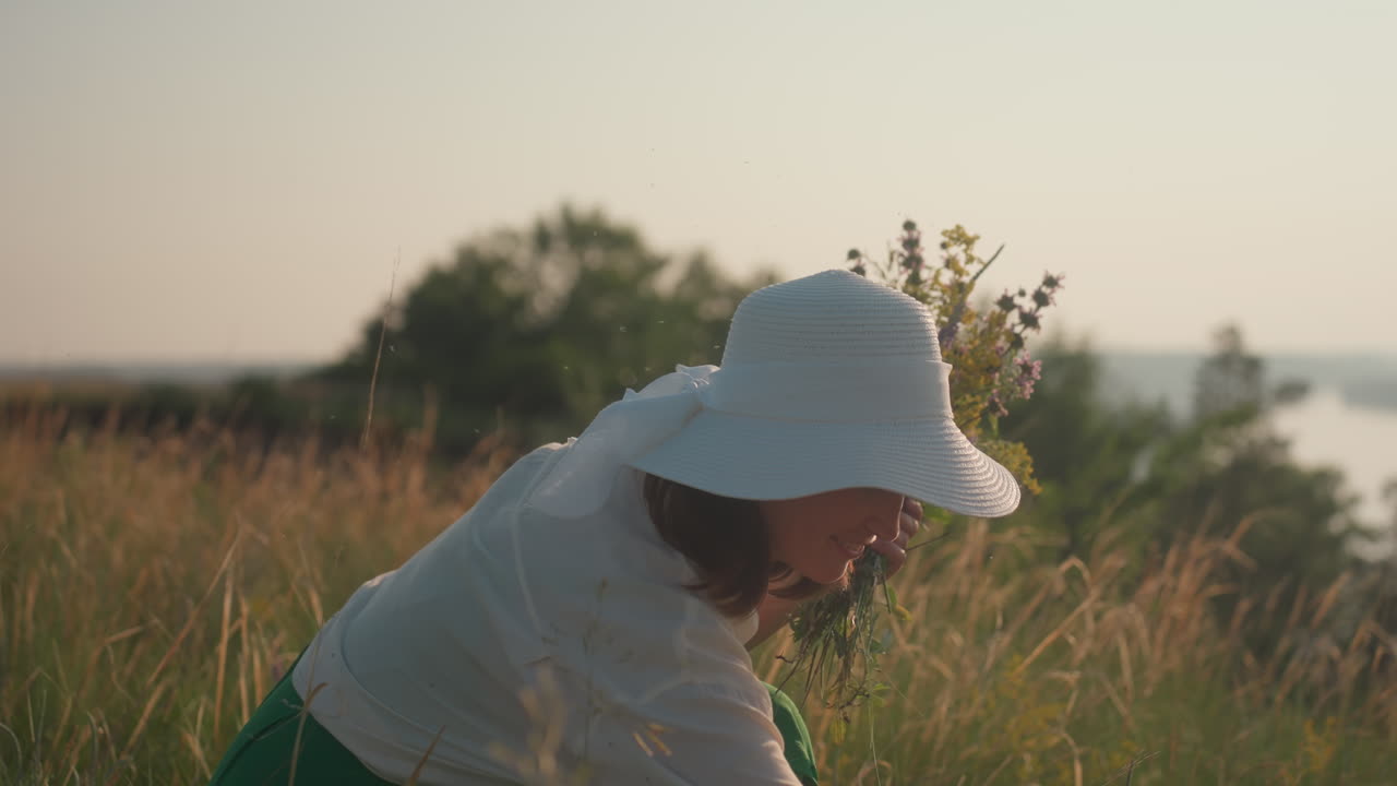 side view of woman in white hat gathering wildflowers in tall grassy meadow during golden hour, hazy landscape with gentle river in distance creates calm peaceful mood under soft glowing sky