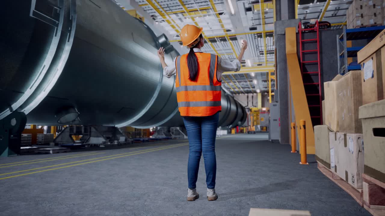 vista trasera completa del cuerpo de una ingeniera con casco de seguridad extendiendo los brazos mientras está de pie en una fábrica de fabricación de tubos