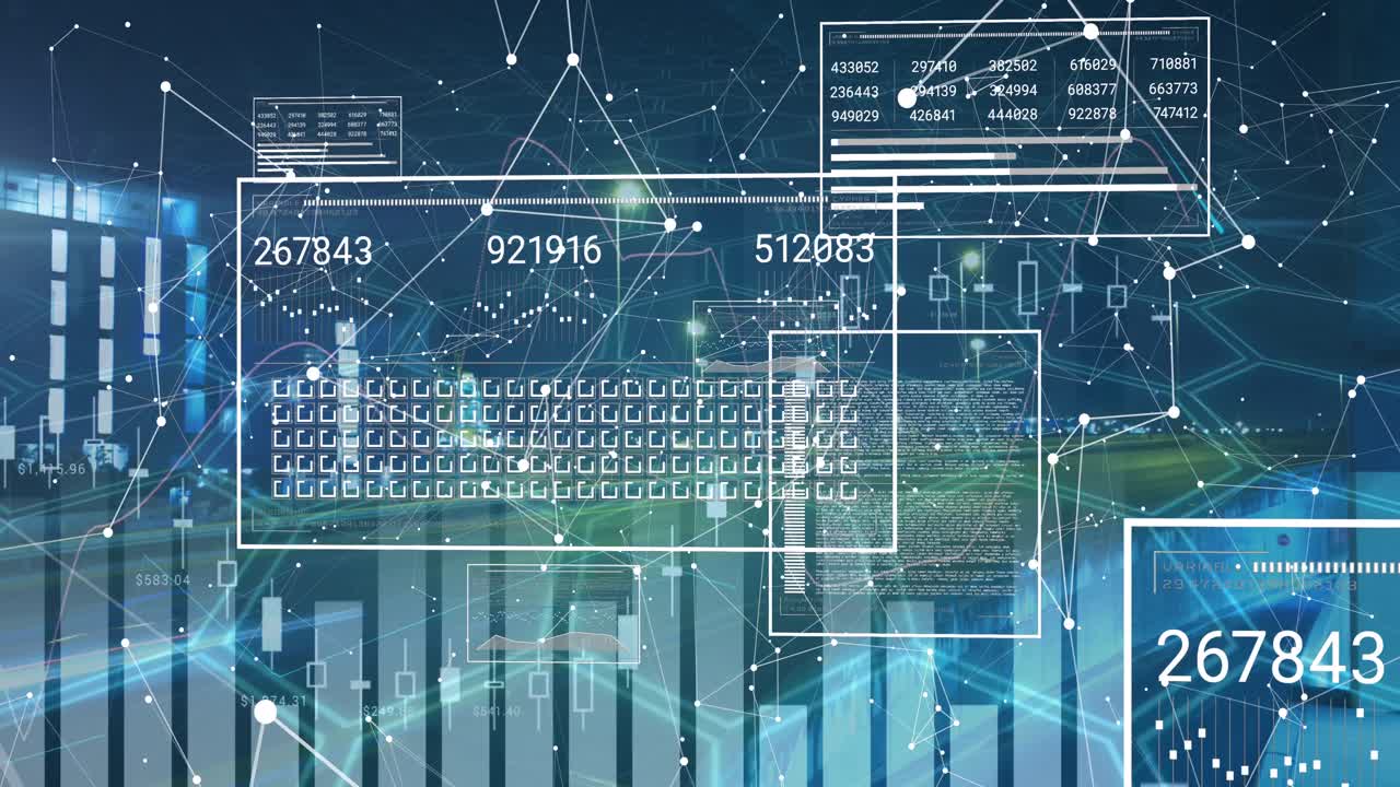 Animation of connected dots and charts over time-lapse of vehicles moving on road at night