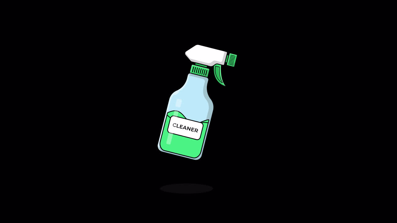 Flacone spray detergente animato appare su sfondo nero