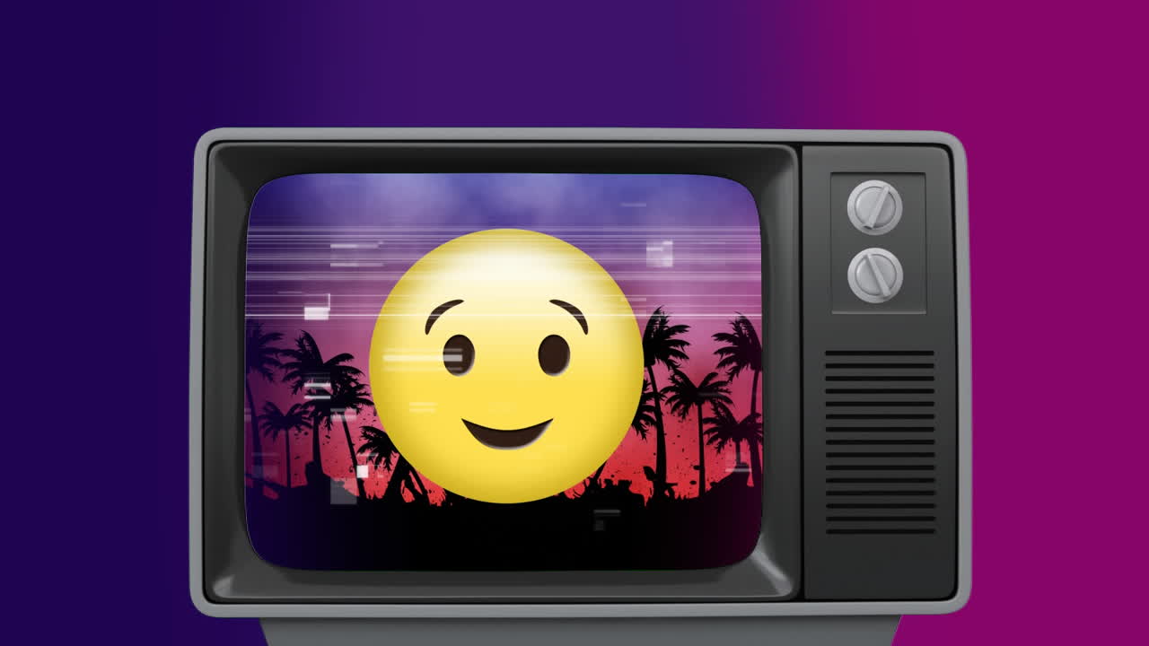 Publicação antiga de TV mostrando um emoji de rosto travesso amarelo cercado por chiado de TV.