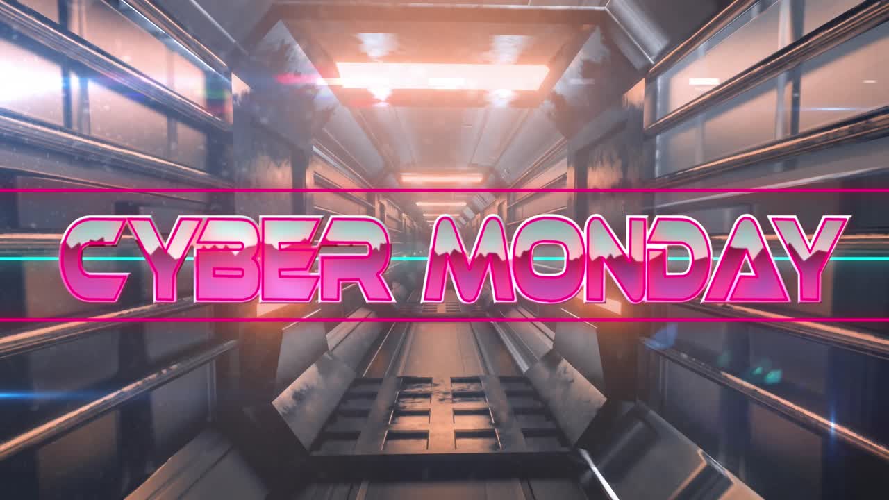 animación de texto de cyber monday entre líneas sobre túnel futurista en el fondo