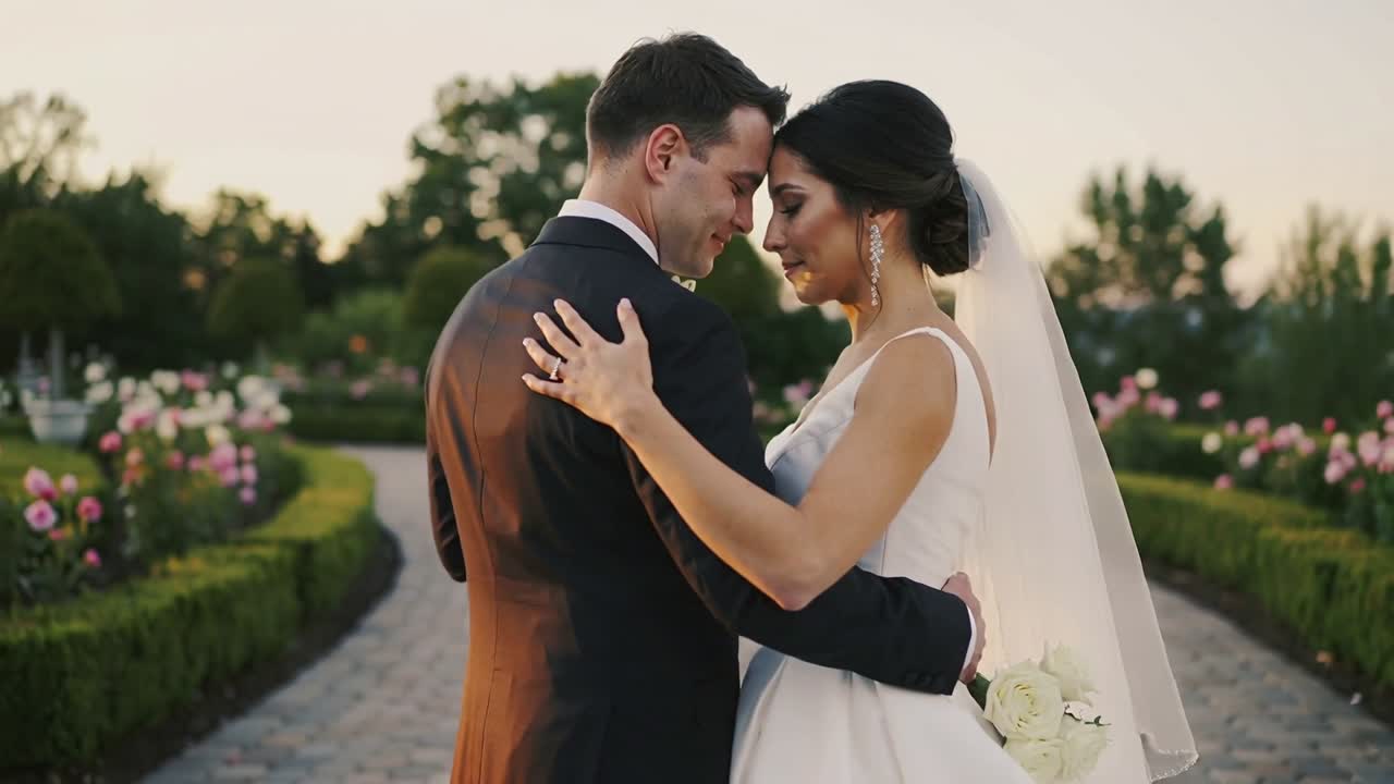 Testas unidas, noiva com véu e noivo de terno se abraçando no jardim ao pôr do sol, posando com anel