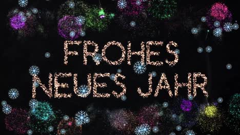 animación de frohes neues jahr texto con fuegos artificiales explotando y nieve cayendo