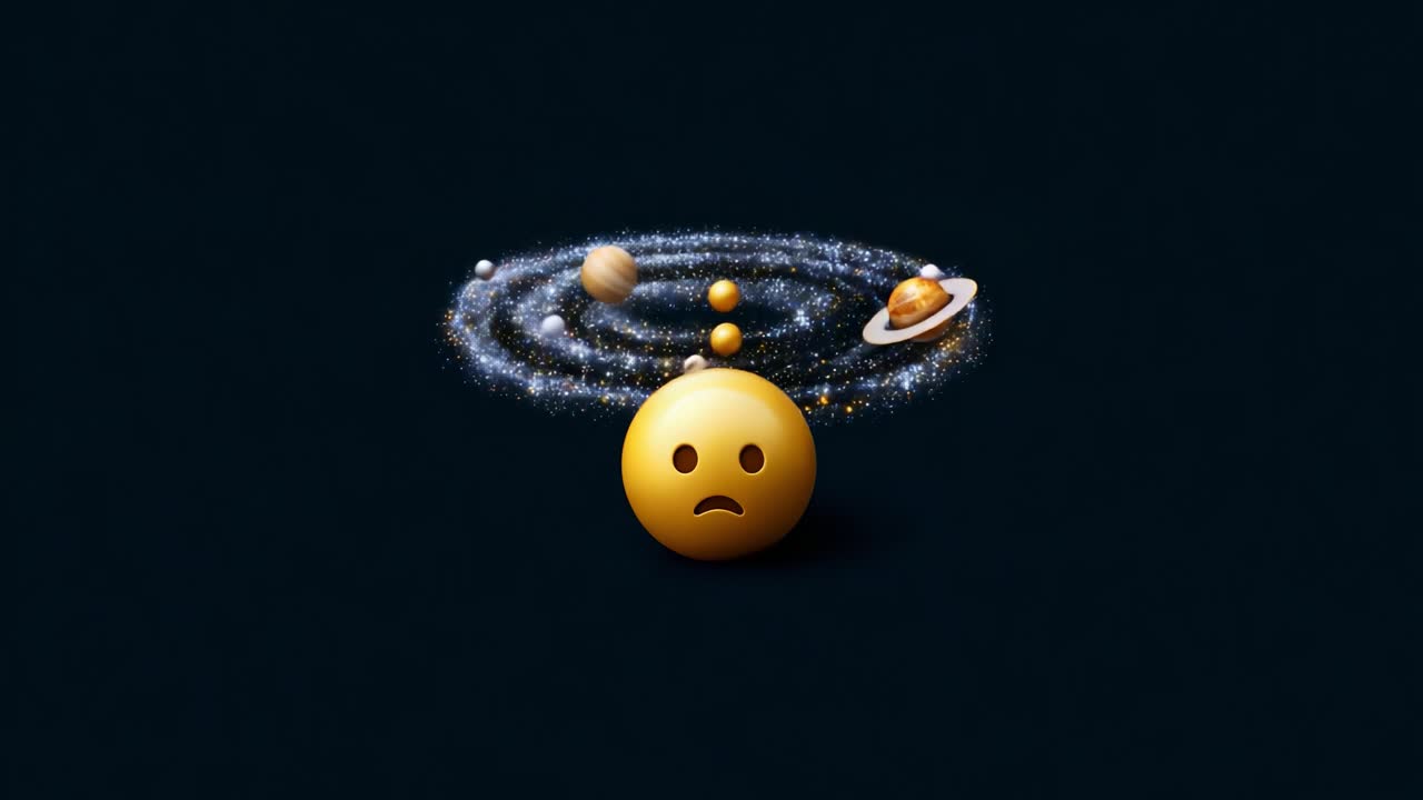 A contemplative emoji symbolizing sadness is surrounded by a swirling cosmic galaxy, featuring planets, stars, and cosmic dust, reflecting a blend of emotion and vastness of the universe