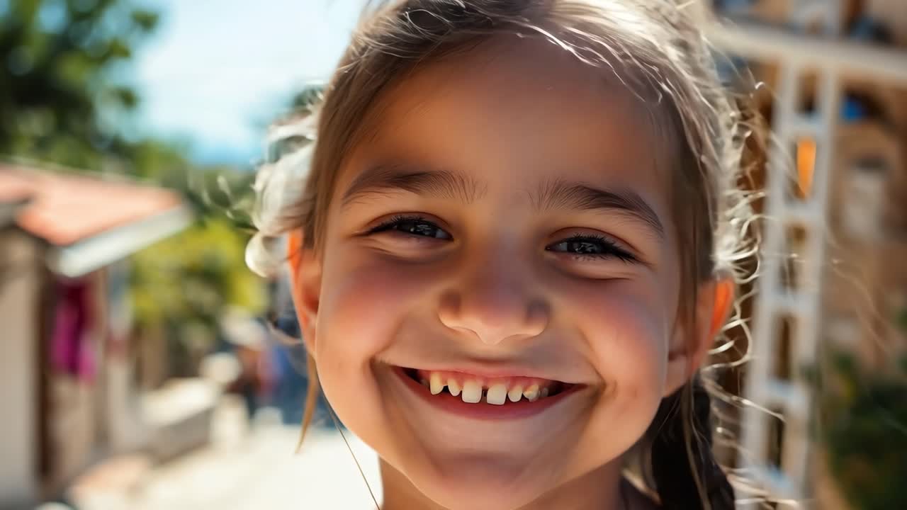 Young girl with two braids standing in picturesque village street, head gently moving, expressing carefree joy and childhood happiness during summer vacation