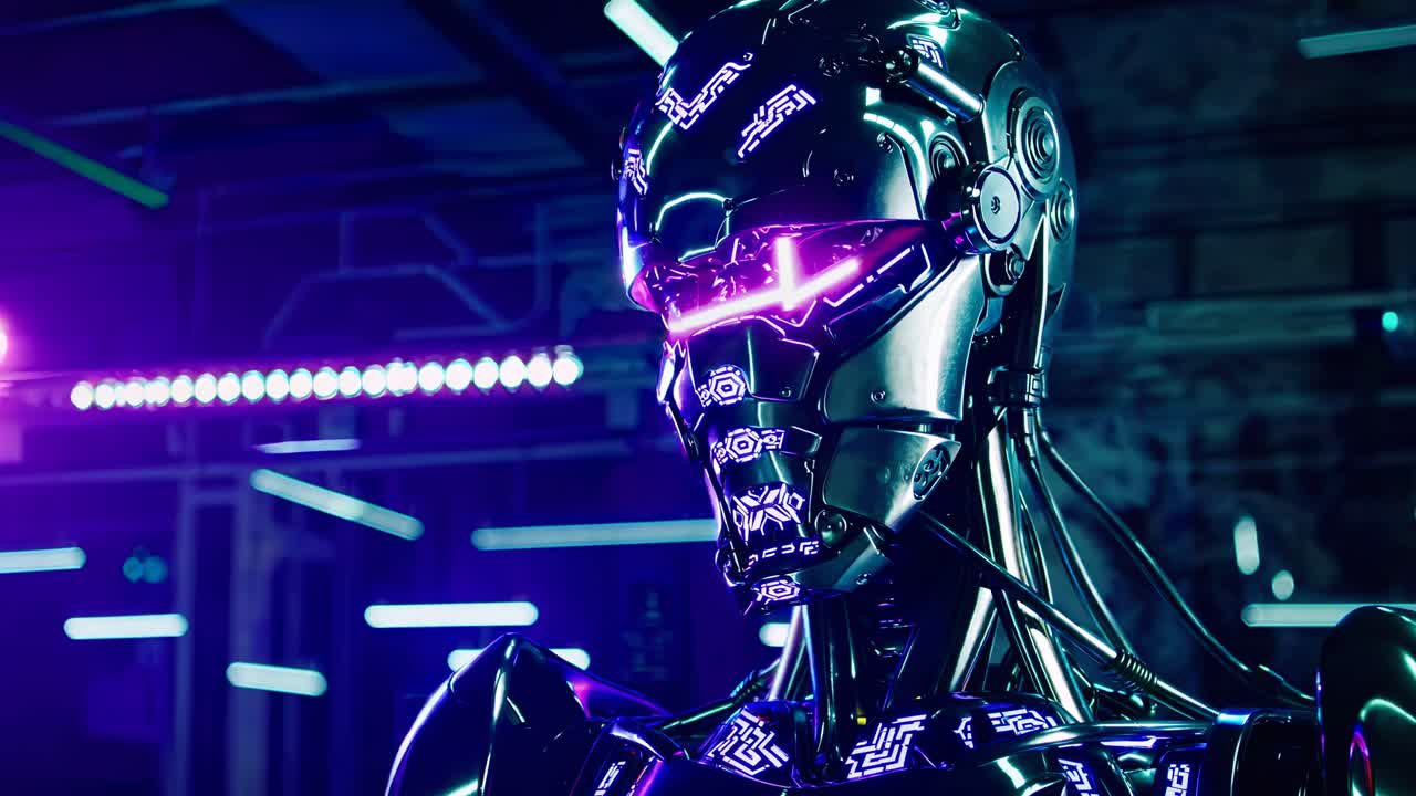 cabeza de robot futurista en una fábrica