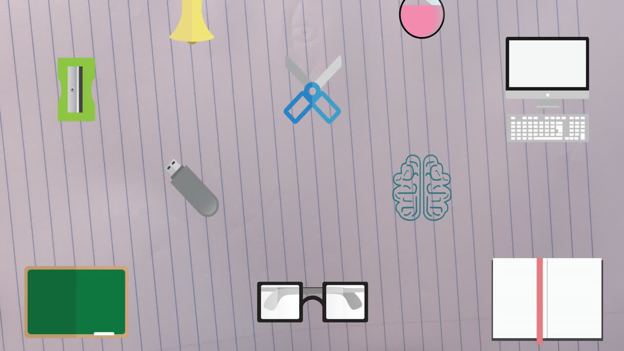 Animation of school items icons moving on white background