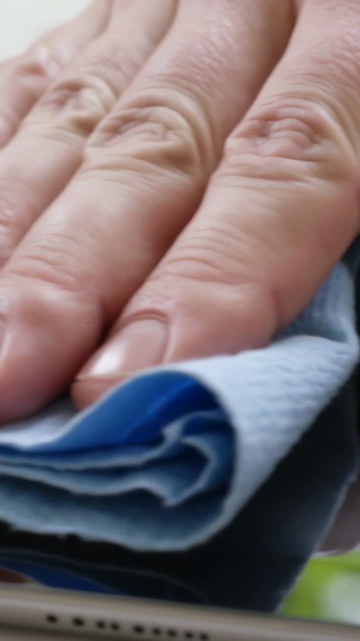 Vertical video: Seeing smudge, adult hand wiping blue cloth at window, revealing leafy outside view