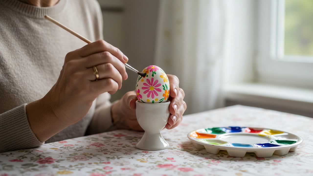 An Artistic Process of Decorating a Colorful Egg with Intricate Floral Patterns Using Paint and a Brush, Captured in a Cozy Domestic Setting