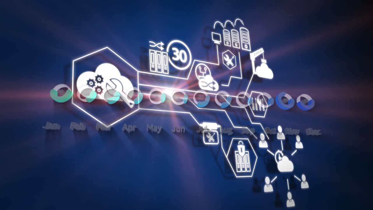 animación de la red de conexiones con iconos sobre el procesamiento de datos sobre fondo azul
