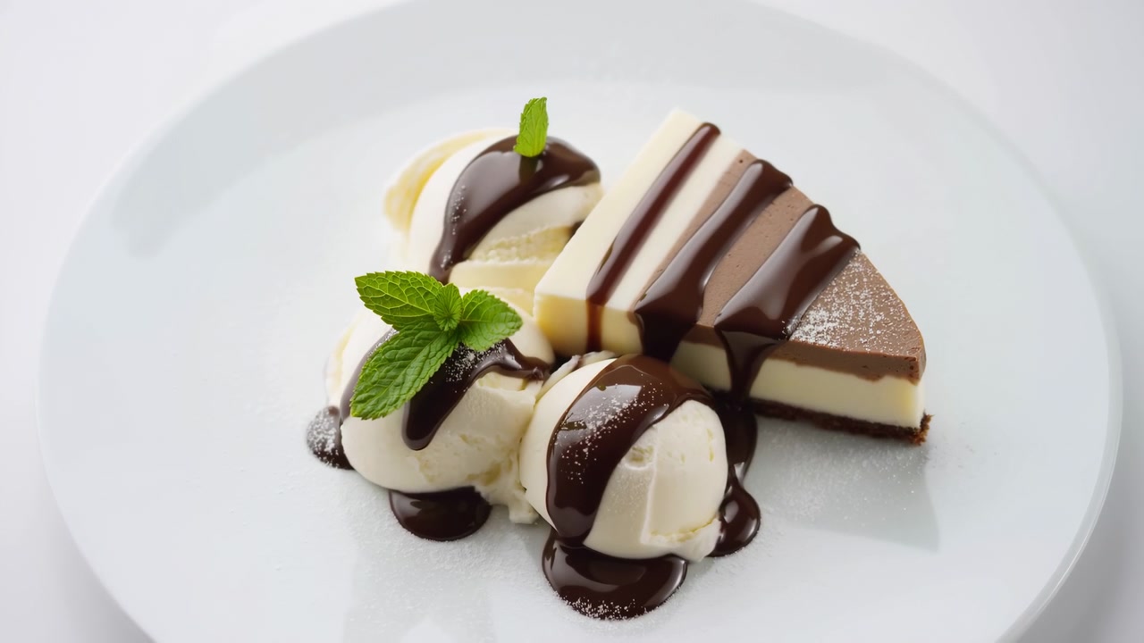 Salsa al cioccolato fondente versata a nastri lucidi su tre palline rotonde di gelato alla vaniglia e una fetta triangolare di torta mousse a strati cioccolato e vaniglia, che produce gocciolamenti lisci e piccole pozze.