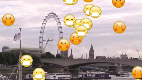 Animation-Von-Emojis-Mit-Gesichtsmasken-über-Dem-Stadtbild