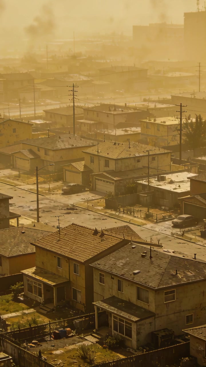 Video verticale: Nebbia che si addensa sui tetti da un piano superiore, vento che solleva polvere sull'area