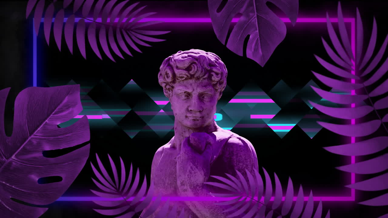 animación de la escultura gris del hombre sobre formas y hojas