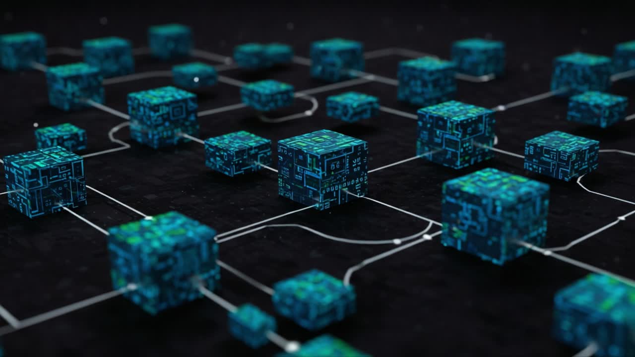 Abstract Representation of a Digital Network Featuring Interconnected Blocks and Data Lines, Highlighting Technological Interaction in Virtual Space