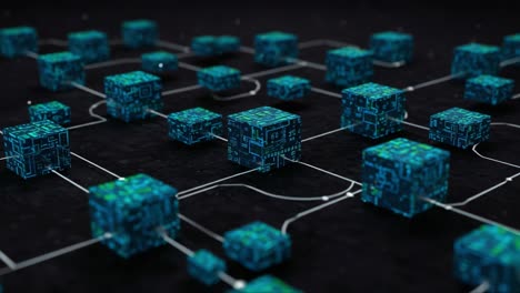 abstract representation of a digital network featuring interconnected blocks and data lines, highlighting technological interaction in virtual space