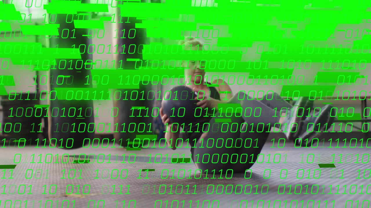 Woman starting core twist holding med ball, rotating for fitness while binary overlay filling frame