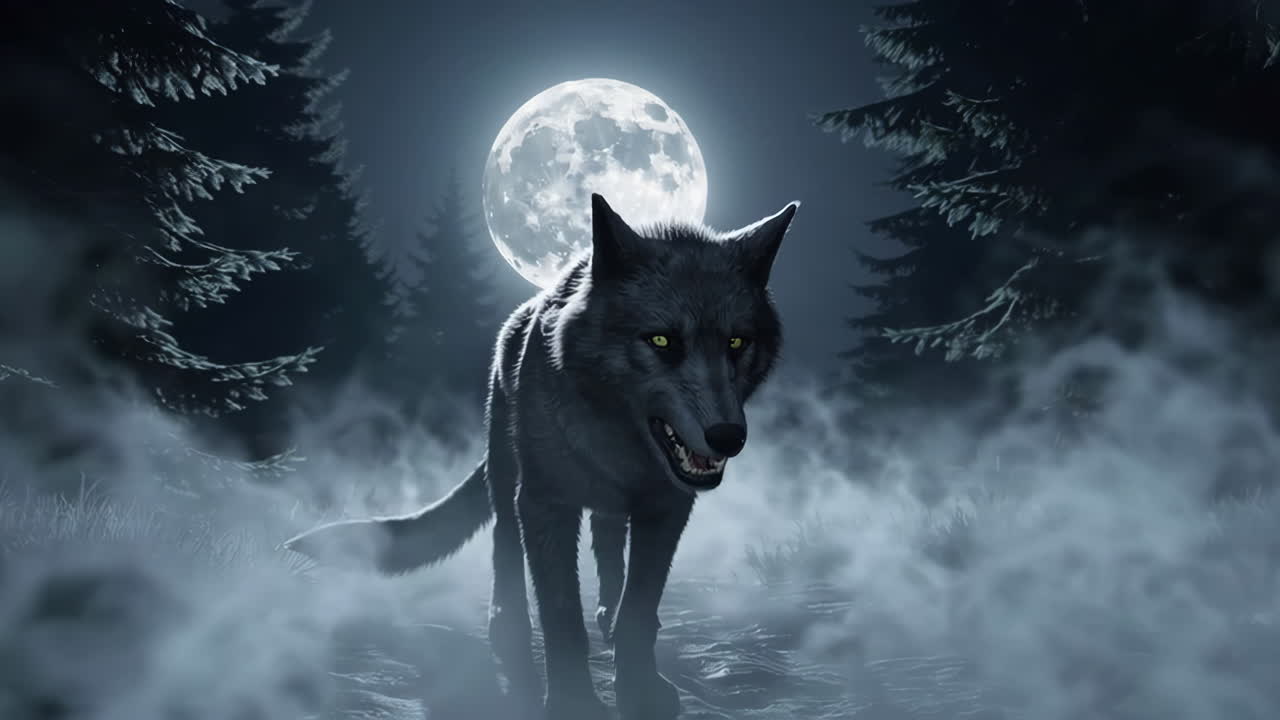 Mysterious Wolf in a Misty Forest at Night