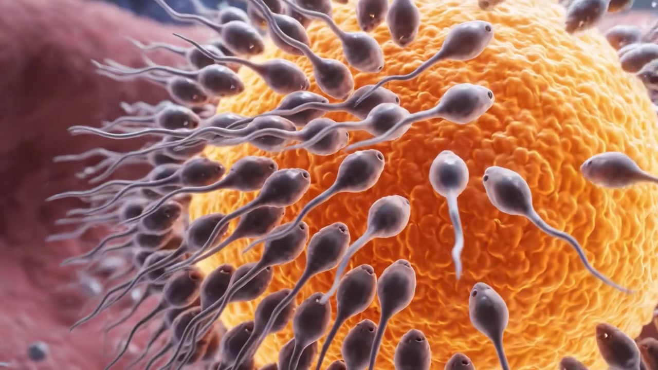 Visione microscopica di spermatozoi che si avvicinano a un ovulo: uno sguardo dettagliato al processo di fecondazione nella riproduzione umana