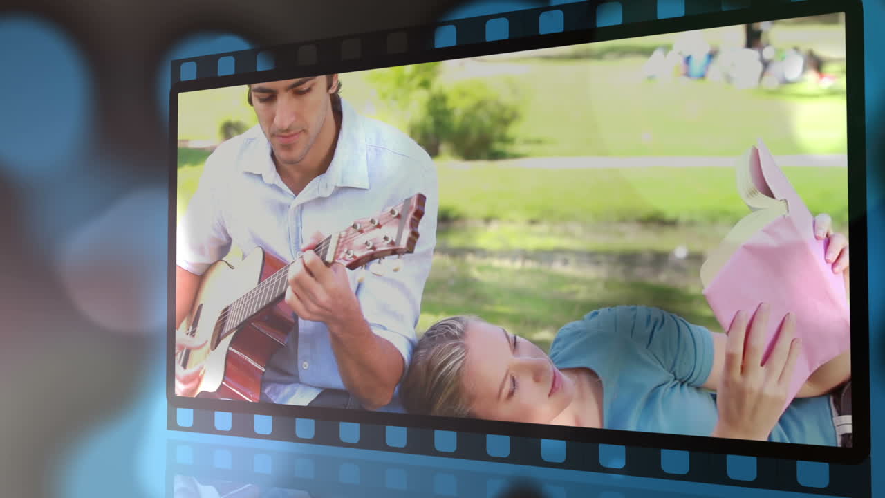 부부가 불타버리는 영화 스트립의 몬테이지