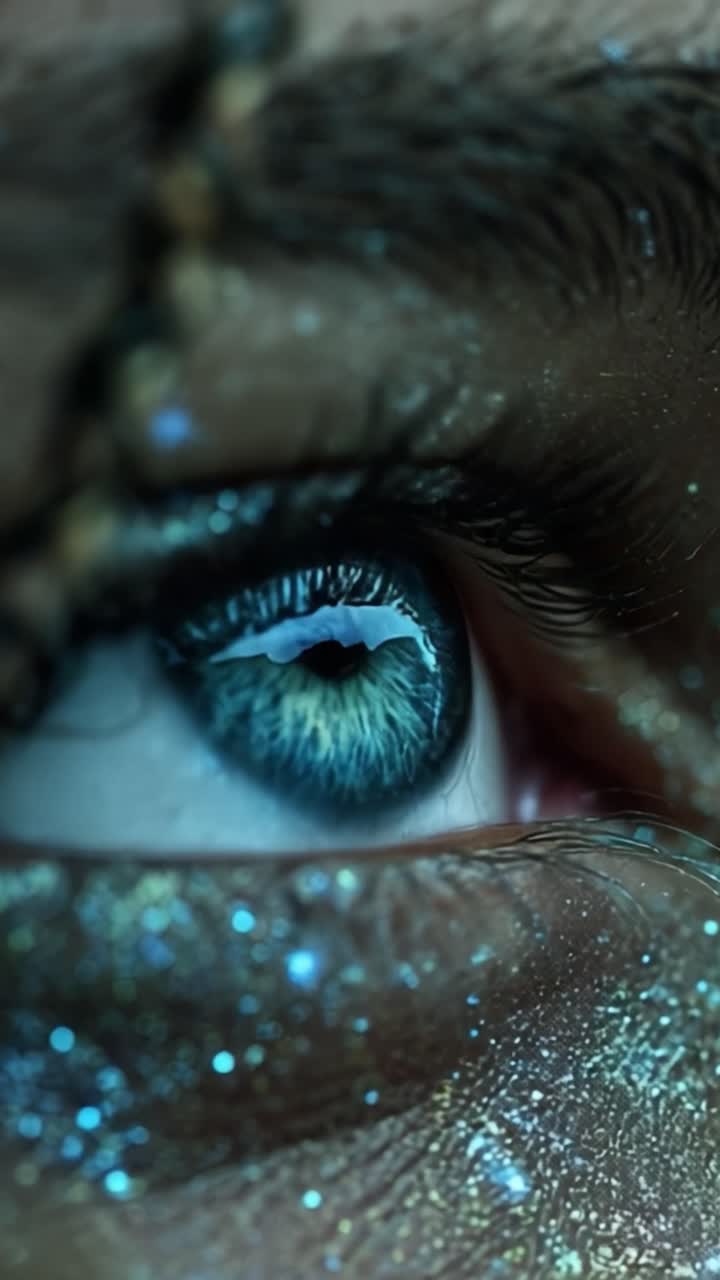 Uno straordinario primo piano di un occhio adornato da particelle luminose, che cattura gli intricati dettagli di colore e texture in un'esplorazione onirica della visione e della bellezza