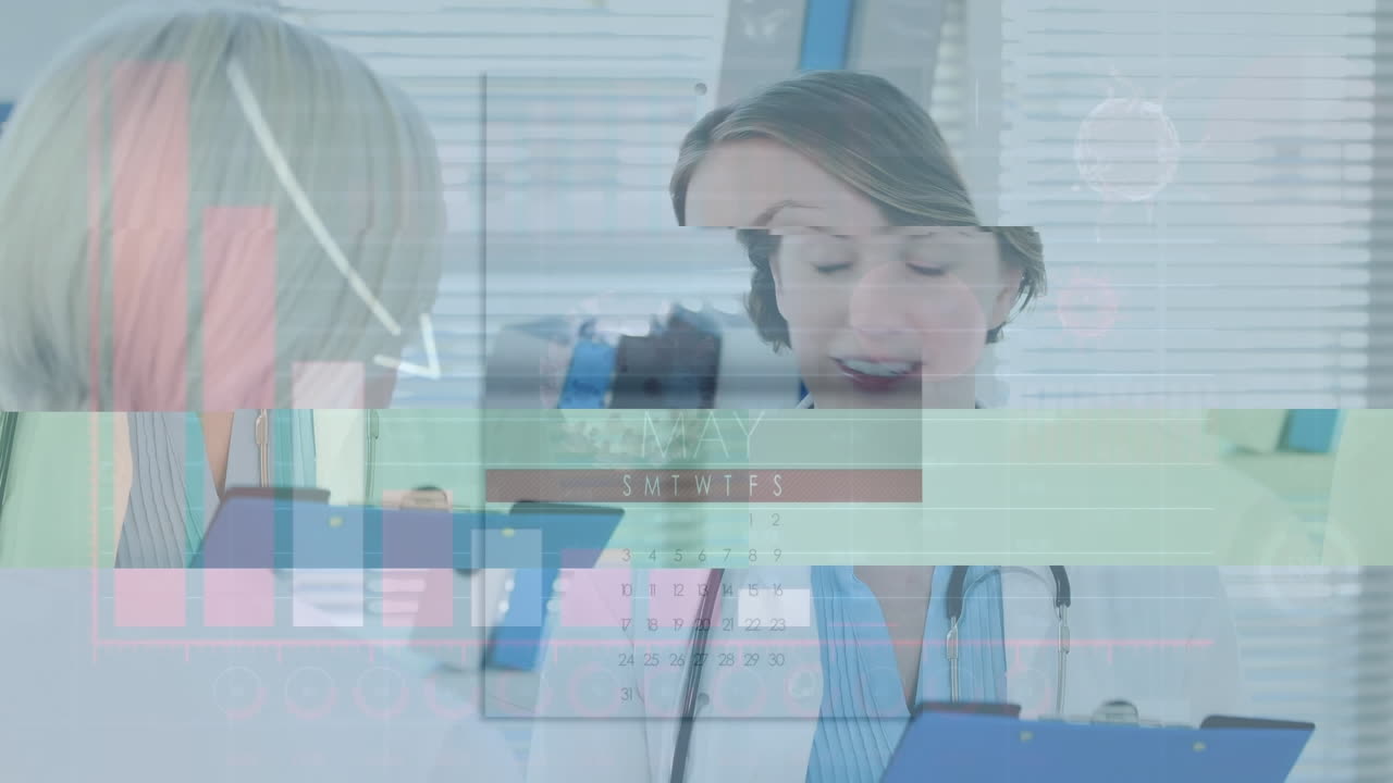 animación del procesamiento de datos del virus de la covid-19 sobre una doctora con un paciente.