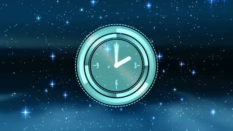 animación de un reloj con manecillas en movimiento en el cielo estrellado