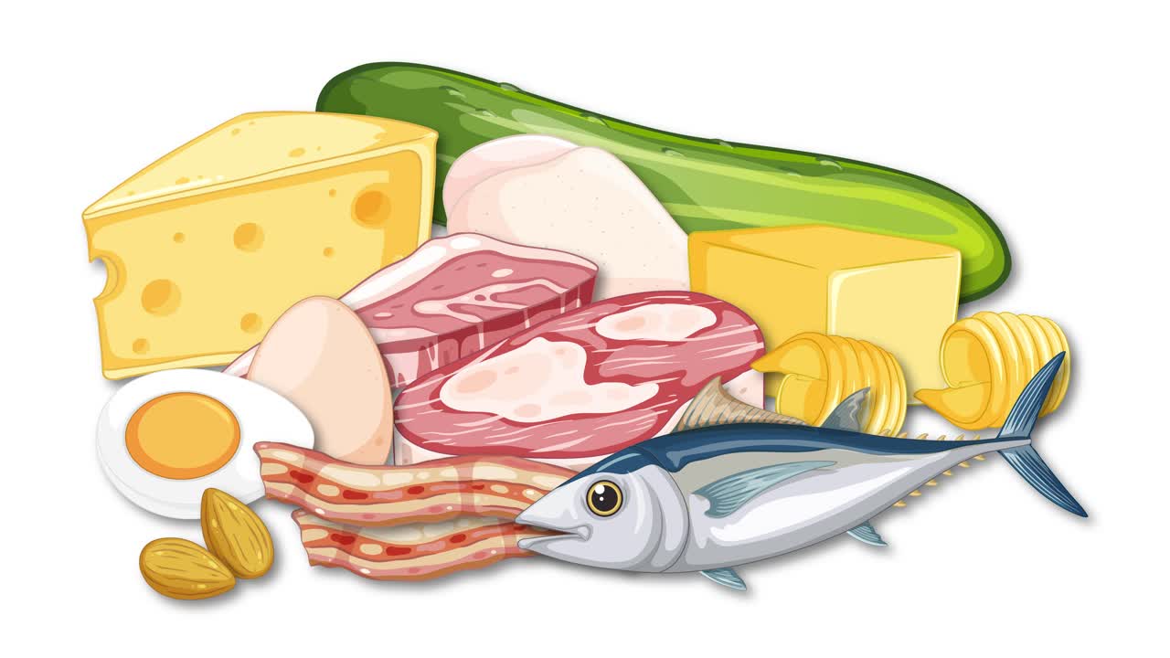 Animated protein foods assemble smoothly on white background, illustrating healthy nutrition and food diversity