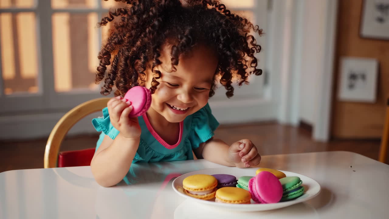 Joyful child enjoying a plate of colorful macarons
