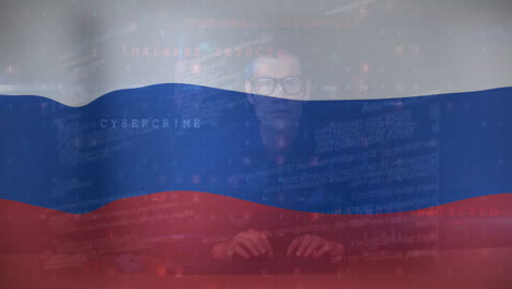 animation of caucasian male hacker over flag of russia