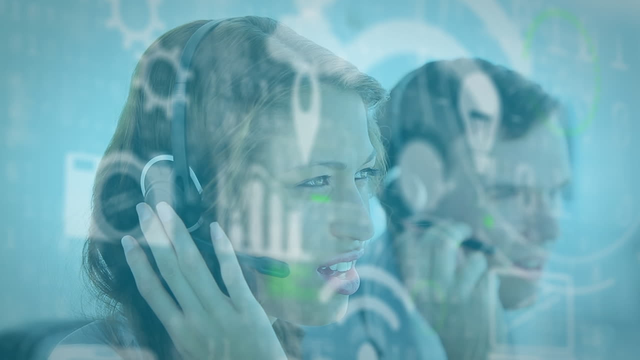 전화 헤드 ⁇ 을 사용하는 다양한 비즈니스 사람들에 대한 아이콘과 연결 네트워크의 애니메이션