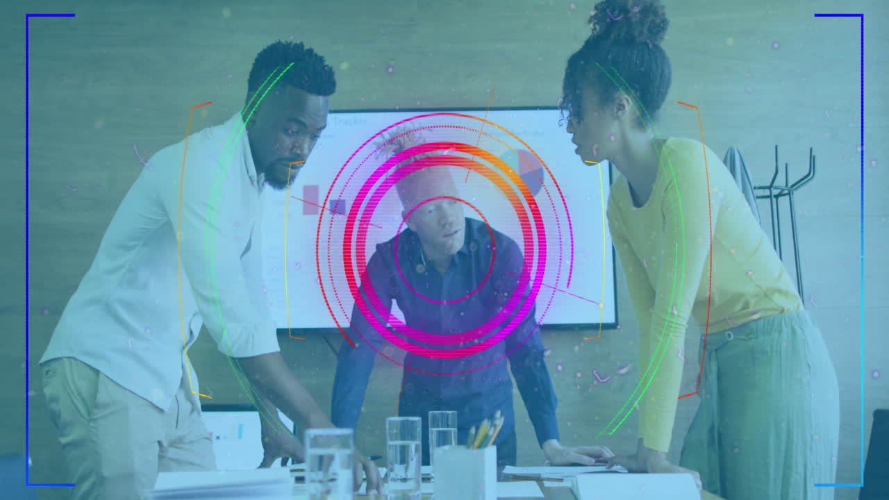 Animation of scope scanning over diverse business people working at office