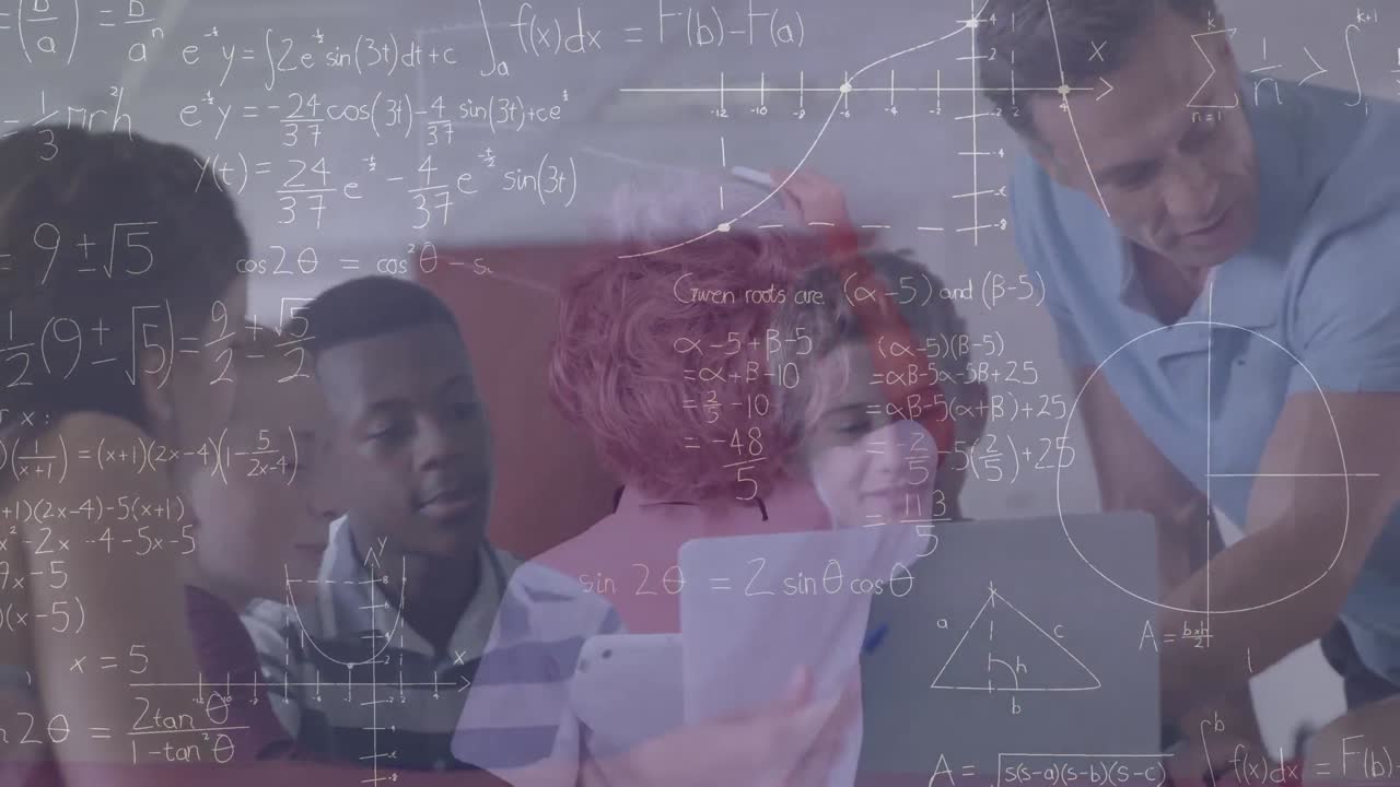 학교에서 다양한 학생들의 클래스와 백인 남성 교사에 대한 수학 그래프의 애니메이션