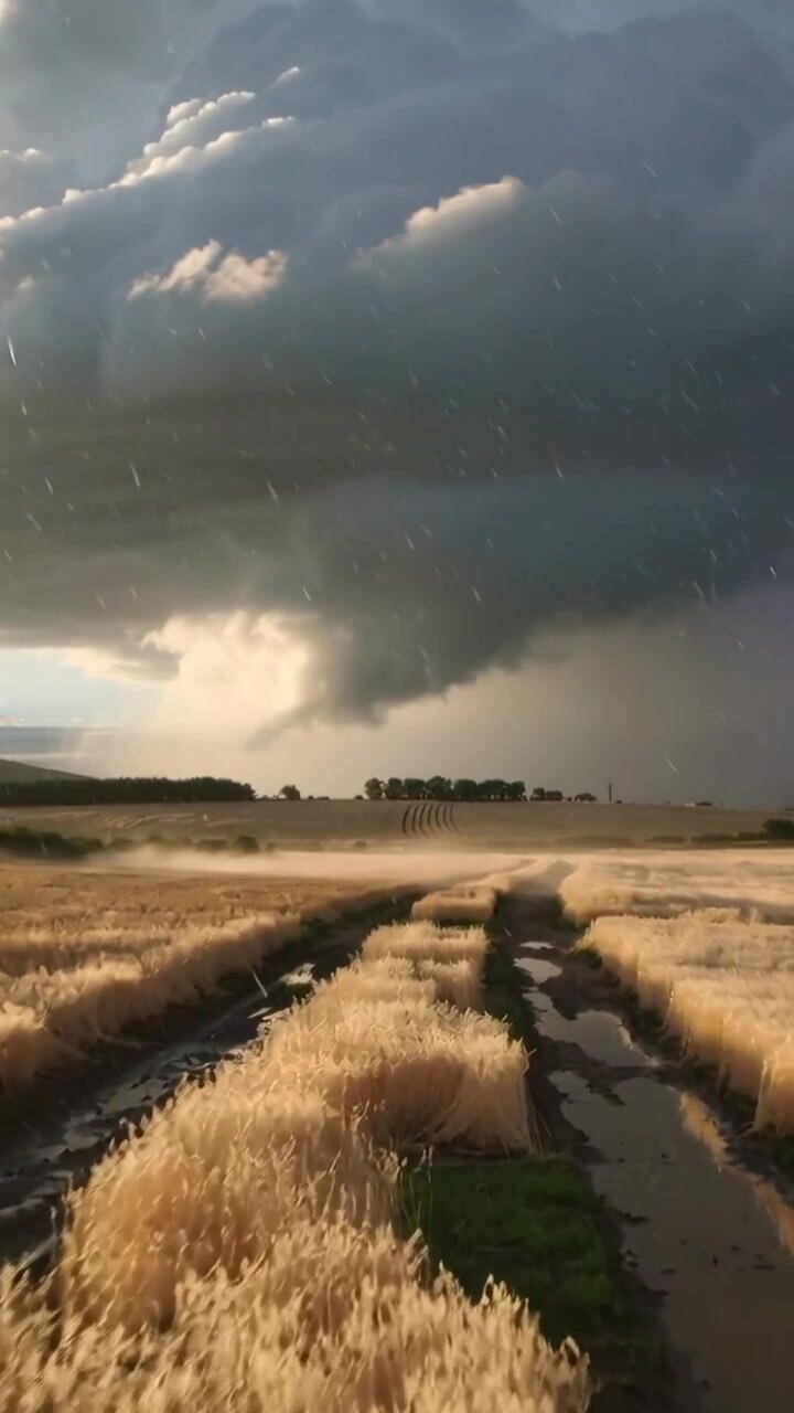 Vertikal video: Sænkende stormfront signalerer regn, vindstød over en landlig hvedemark med mudrede hjulspor