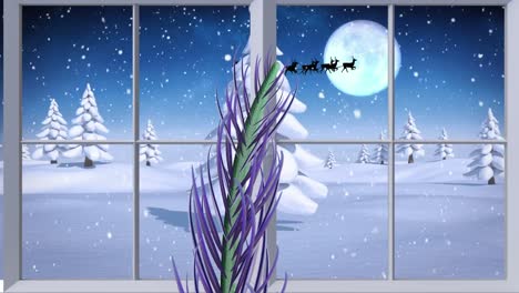 Animation-of-snow-falling-over-santa-claus-in-sleigh-with-reindeer-and-moon-seen-through-window