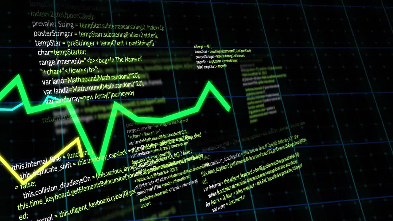 animación de gráficos y procesamiento de datos a través de la red de cuadrícula contra un fondo negro.