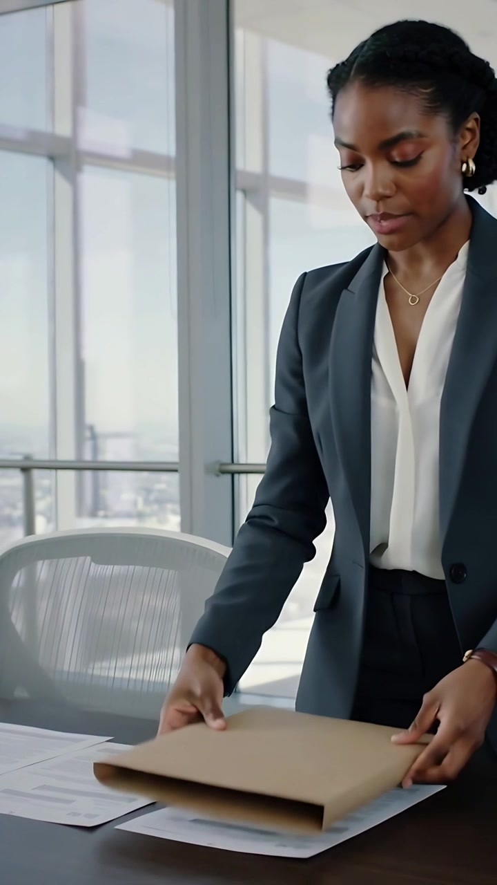 Vídeo vertical: Mulher de blazer inclinada organizando papéis numa pasta sobre a mesa de conferência para uma reunião.
