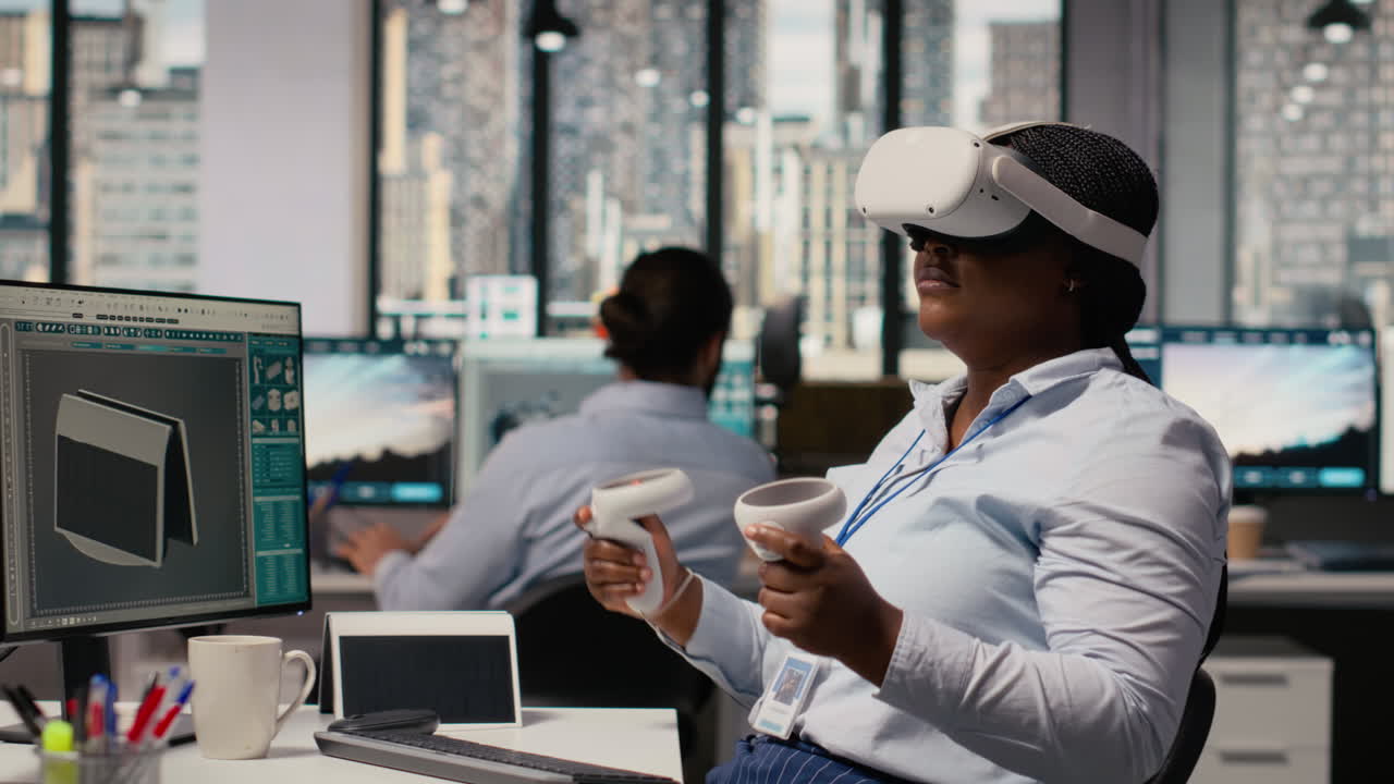 Technician Using Vr Headset To Create Solar Powered Device Design