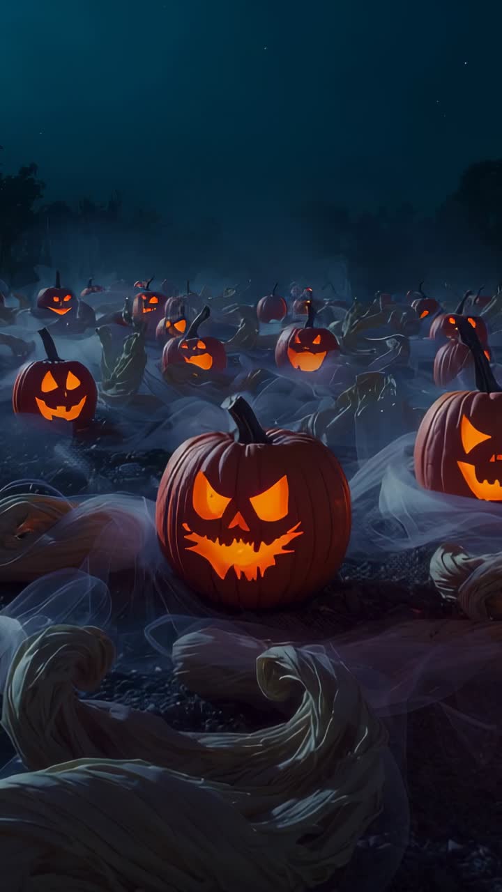 Vertical video: Pulling back camera revealing drifting fog and flickering pumpkins on farm at night