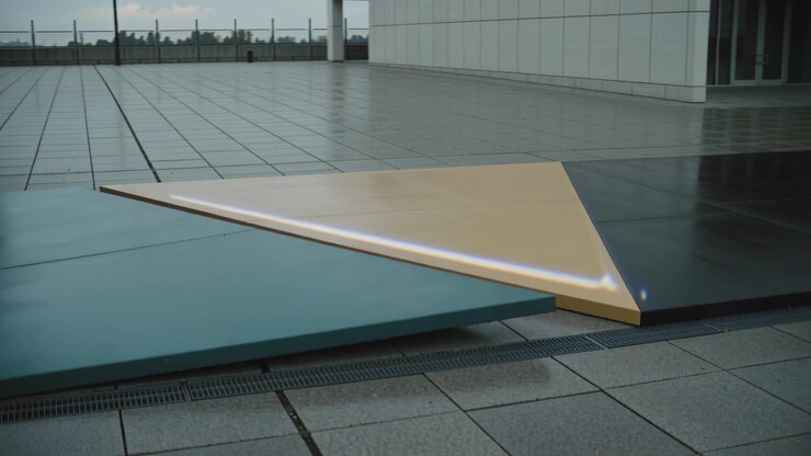 Rotating beige triangular panel lifting onto teal platform on rooftop terrace, motor activating